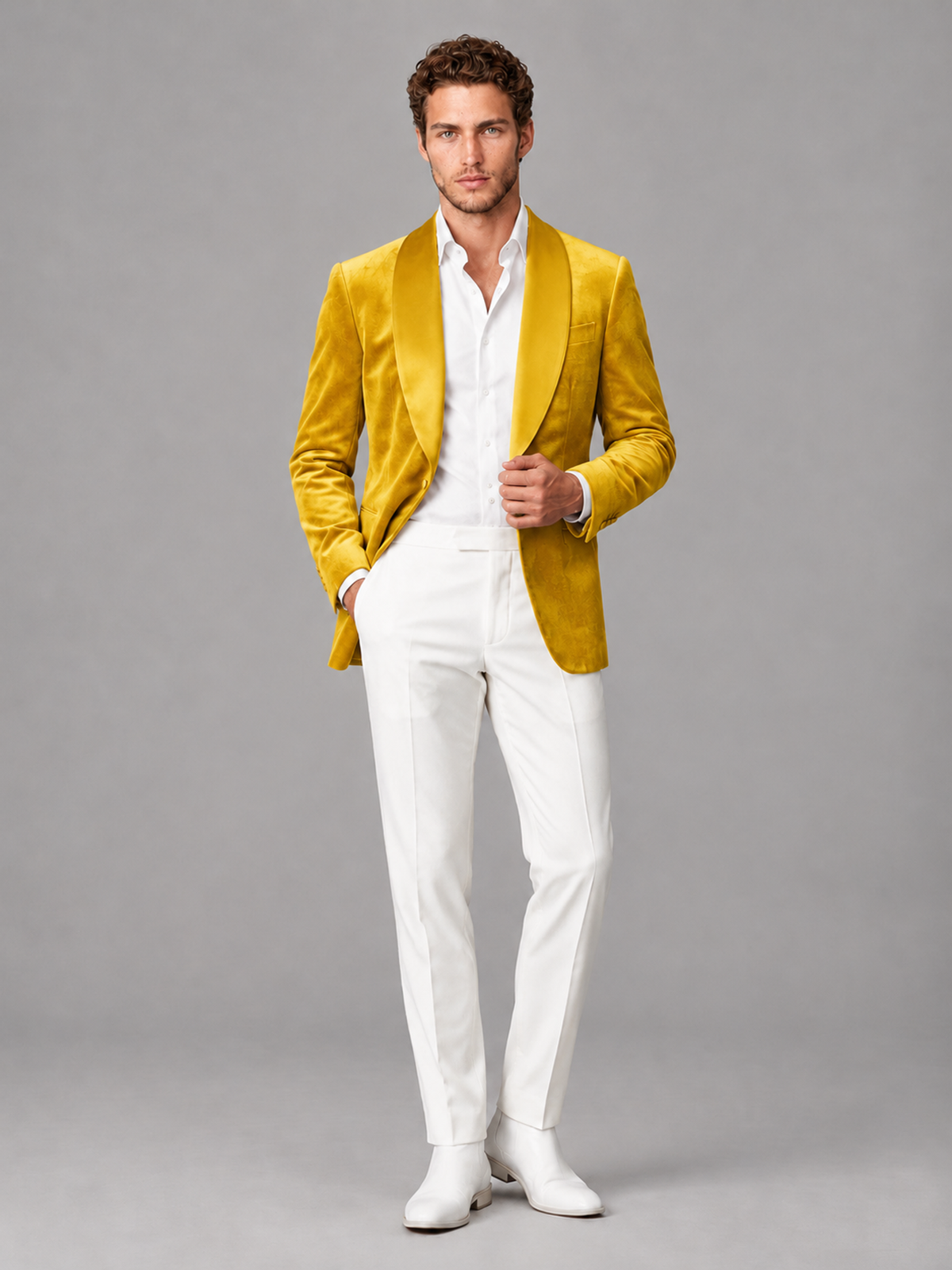 Savile Men's Gold Velvet Shawl Lapel 2-Piece Tuxedo Suit Set | Jacket & White Trousers - Gold - Gold (4)