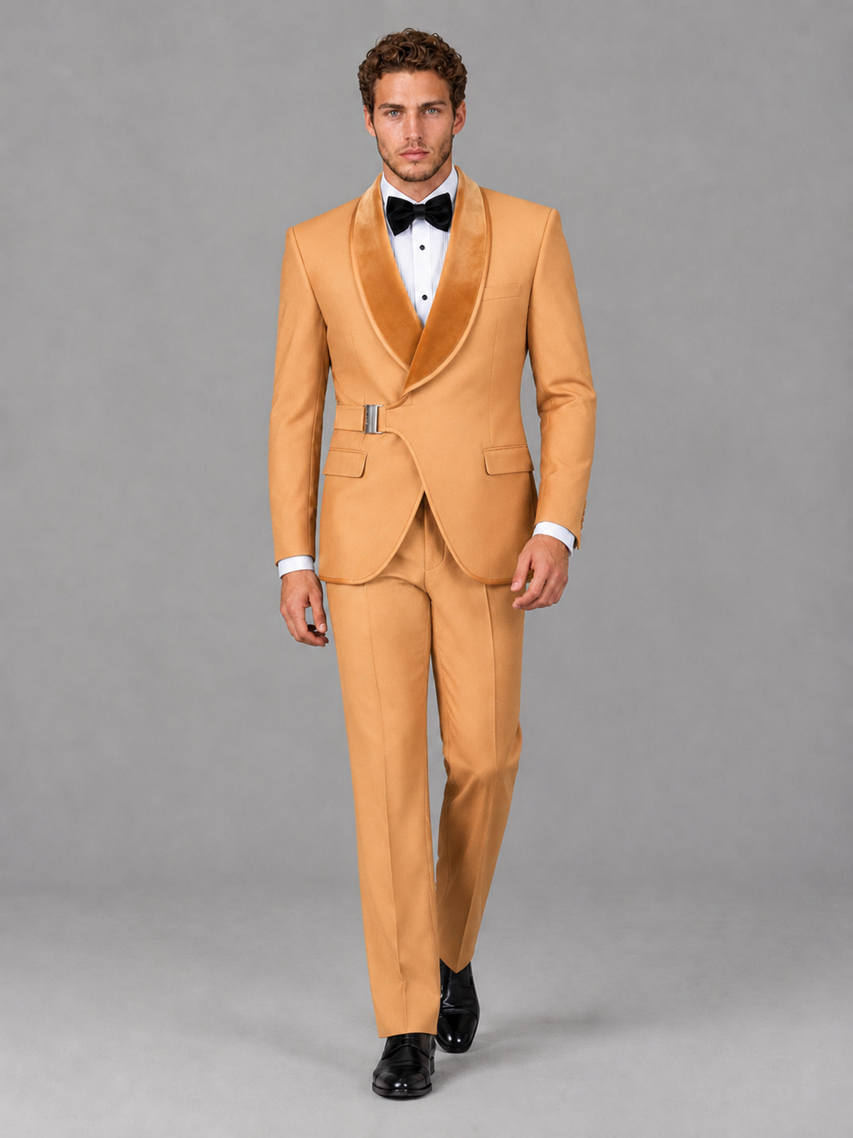 Savile Men's Gold Velvet Shawl Lapel Tuxedo Suit – Modern Side-Buckle Dinner Jacket & Trousers 2-Piece Set - Gold