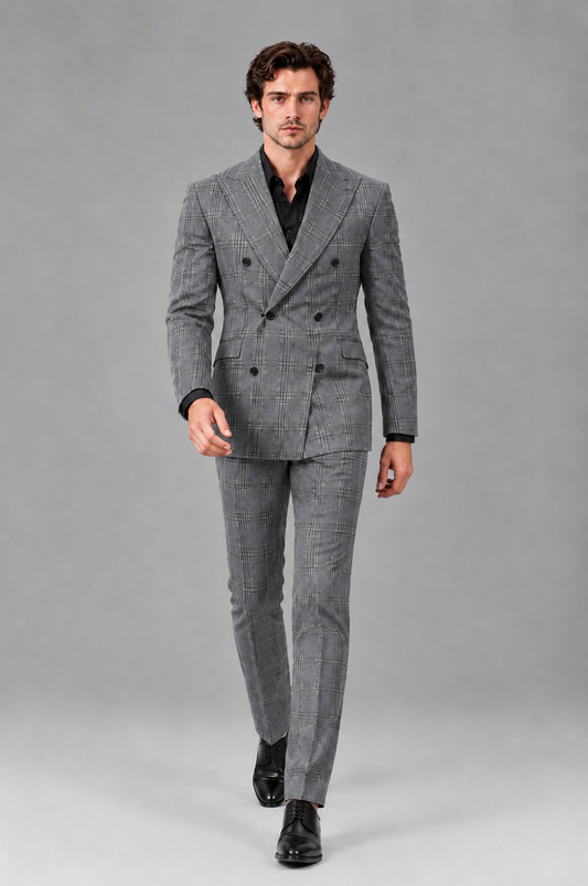 Savile Men's Rust Plaid 2-Piece Double-Breasted Suit – Peak Lapel Slim-Fit Jacket & Trousers Set - Gray - Gray