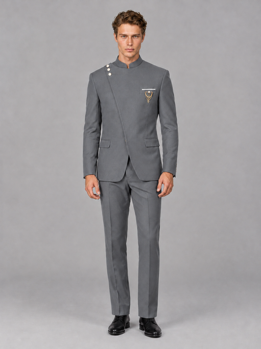 Savile Men's Gray Mandarin Collar Asymmetrical 2-Piece Suit Set – Modern Jacket & Trousers - Gray - Gray_2