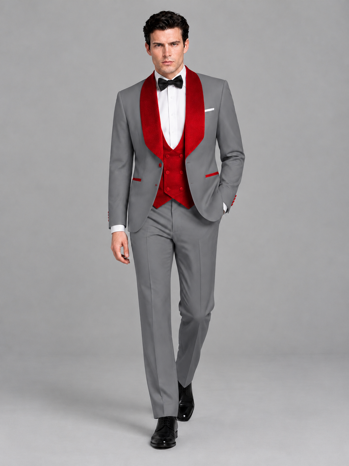 Savile Men's Gray 3-Piece Tuxedo Suit Set – Contrast Red Shawl Lapel Blazer, Red Waistcoat & Trousers - SUC020 - Gray