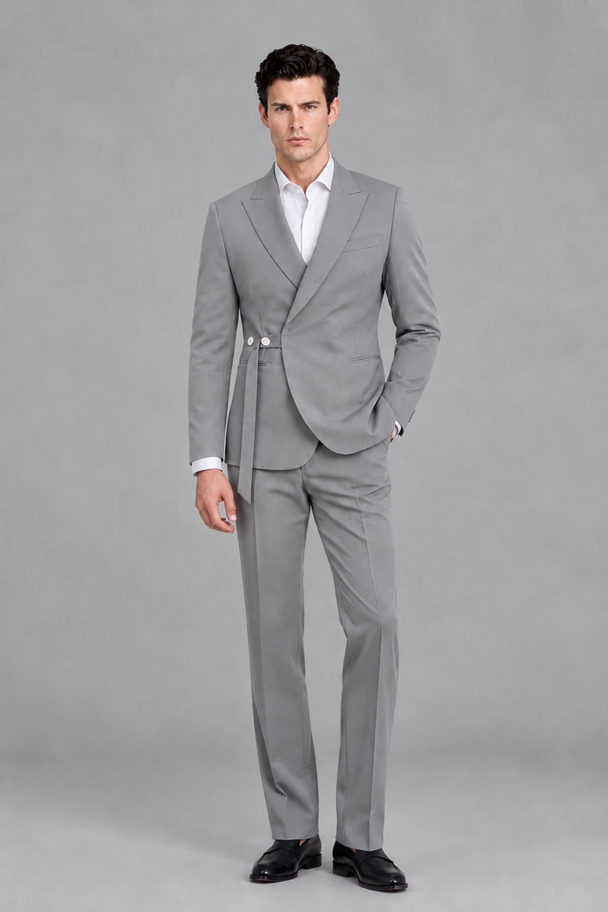Savile Men's Modern Gray 2-Piece Wrap Suit Set – Peak Lapel Side-Button Blazer & Tailored Trousers - Gray - Gray_5