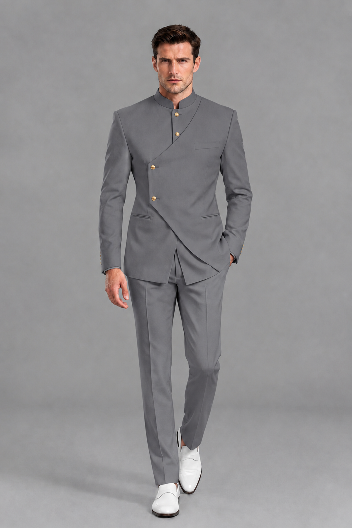 Savile Men's Gray Asymmetrical Mandarin Collar Tuxedo Suit – Modern 2-Piece Gold Button Wedding, Prom & Gala Set - Gray - Gray_5
