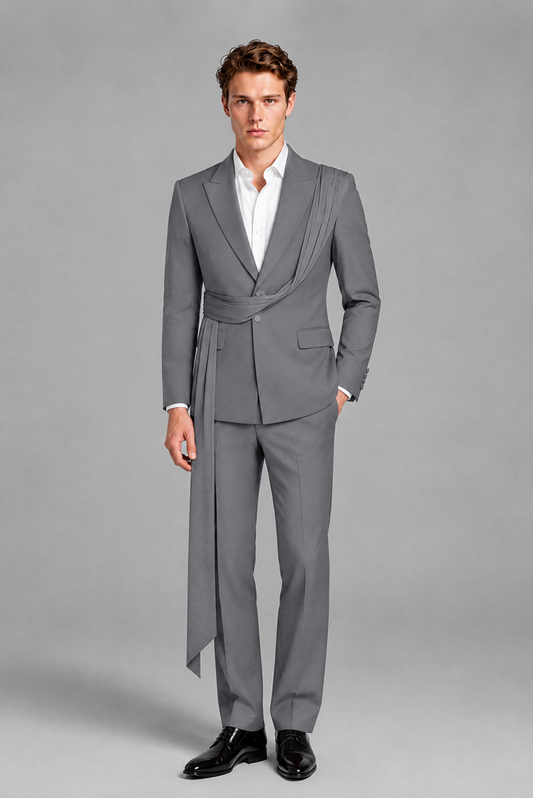 Men's Gray Draped Sash Suit – Peak Lapel 2-Piece Slim Fit Party, Gala & Wedding Set - Gray