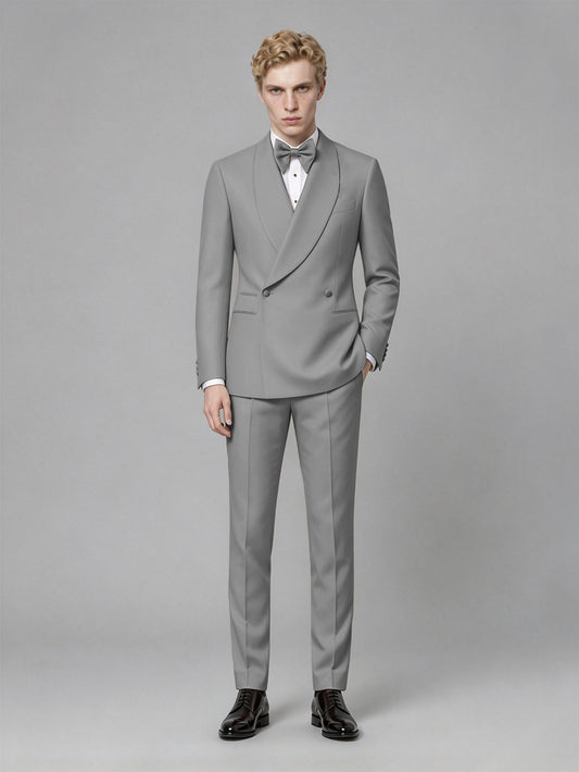 Men's Gray Single-Button Gray Satin Shawl Lapel Tuxedo Suit Set | Blazer & Trousers - Gray