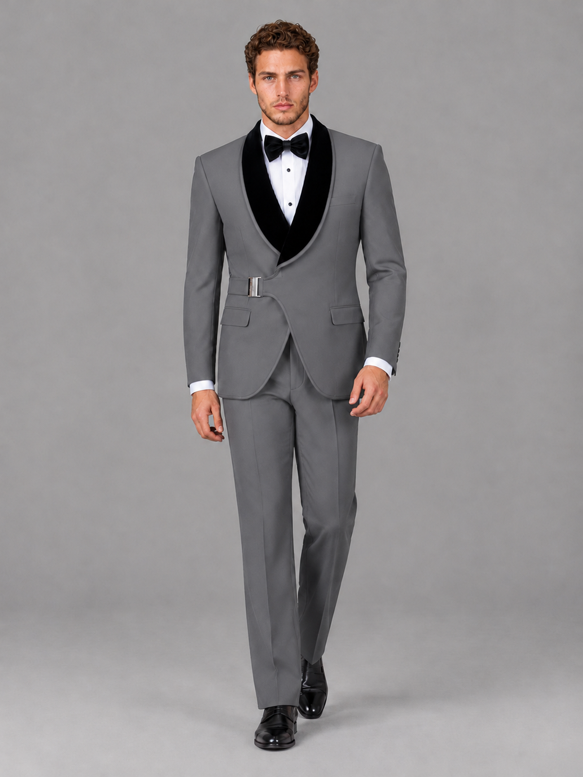 Savile Men's Gray Velvet Shawl Lapel Tuxedo Suit – Modern Side-Buckle Dinner Jacket & Trousers 2-Piece Set - Gray
