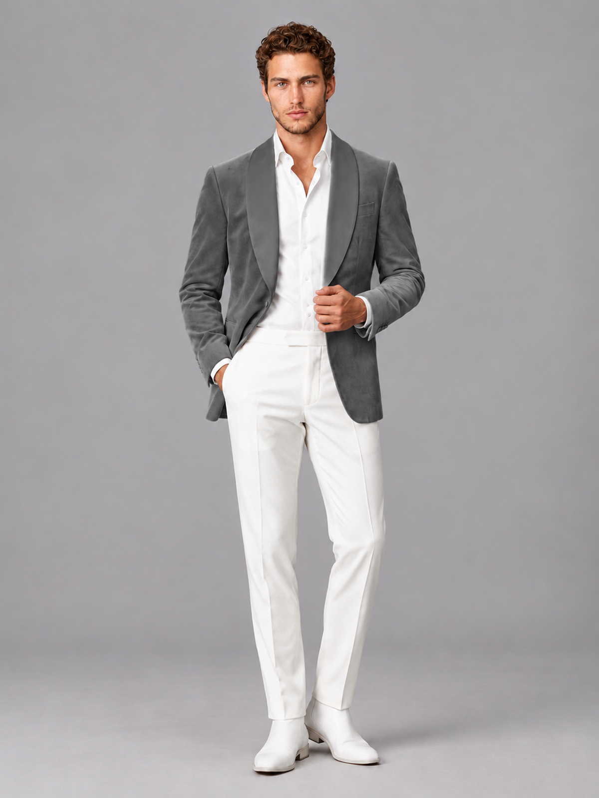 Savile Men's Grey Velvet Shawl Lapel 2-Piece Tuxedo Suit Set | Jacket & White Trousers - Grey - Grey (4)