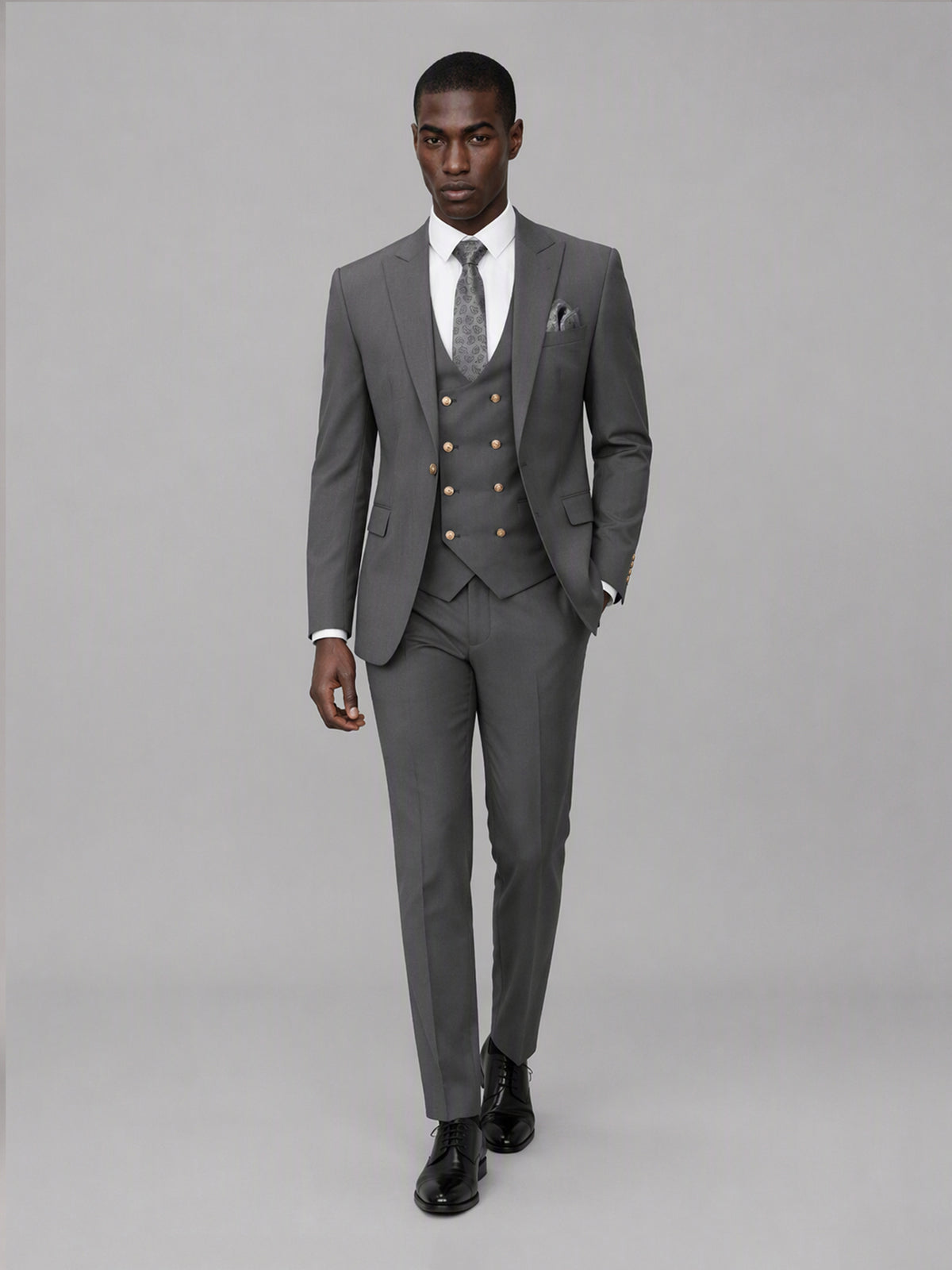 Men's Grey 3-Piece Suit Set – Jacket, Double-Breasted Vest & Trousers