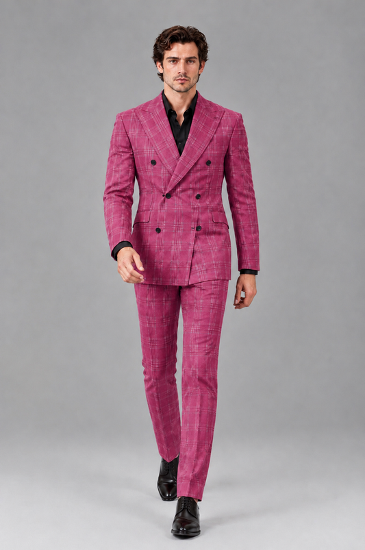 Savile Men's Rust Plaid 2-Piece Double-Breasted Suit – Peak Lapel Slim-Fit Jacket & Trousers Set - Hot Pink - Hot Pink
