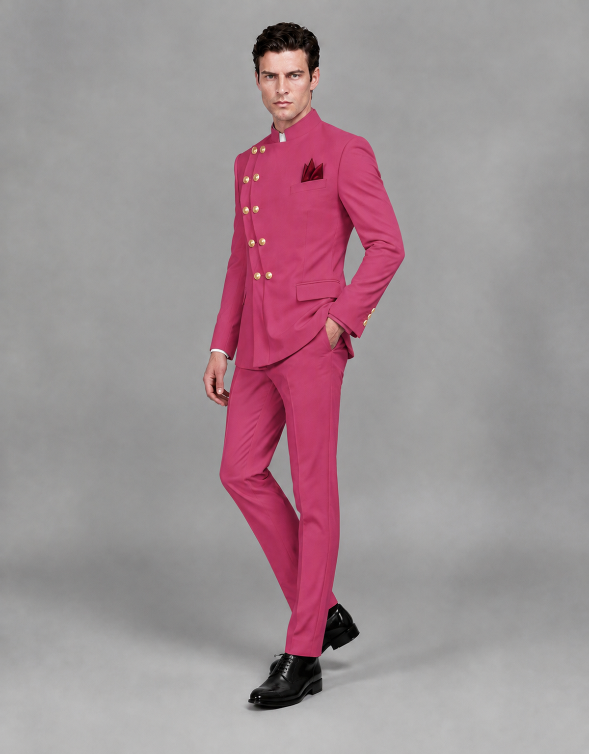 BOLODOO Men's Hot Pink Asymmetrical Mandarin Collar Tuxedo Suit – Modern 2-Piece Gold Button Wedding, Prom & Gala Set - Hot Pink - Hot Pink_04