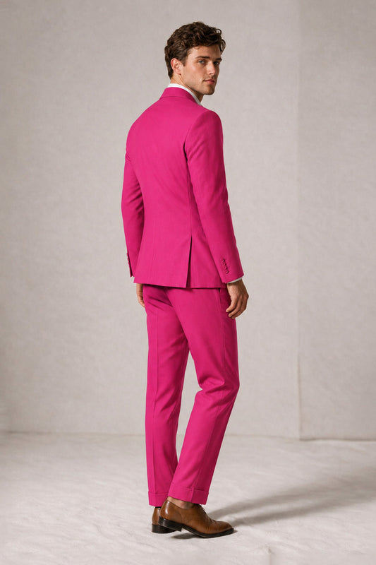 Savile Men's Hot Pink Double-Breasted Slim Fit 2-Piece Suit Set – Peak Lapel Blazer & Cuffed Trousers | Wedding Prom Formal - Hot Pink
