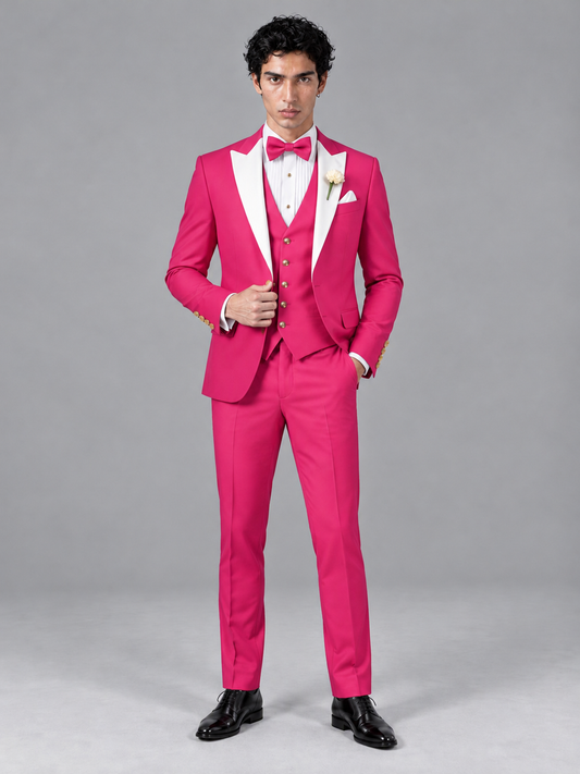 Savile Men's Hot Pink Contrast White Peak Lapel 3-Piece Tuxedo Suit - Hot_Pink