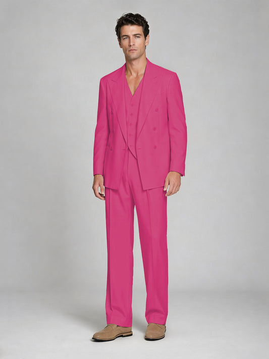 Men's Hot Pink Double-Breasted 2-Piece Suit – Peak Lapel Wedding & Beach Formal Set with Vest - Hot Pink