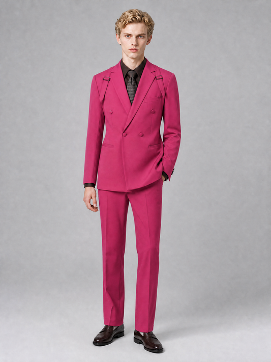 Men's Light Hot Pink Double-Breasted Slim Fit 2-Piece Suit – Peak Lapel Wedding & Business Formal Set - Hot Pink - Hot_Pink_2