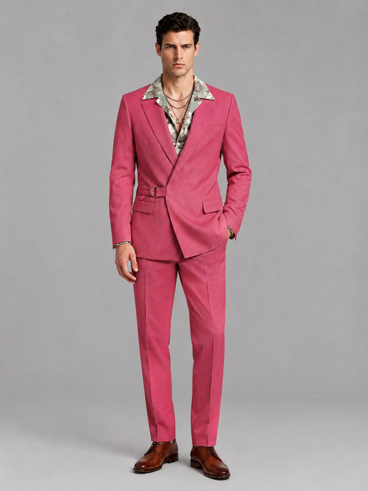 Savile Men's Hot Pink Belted Wrap 2-Piece Suit – Peak Lapel Blazer & Tailored Trousers - SUC060 - Hot Pink - Hot Pink_2