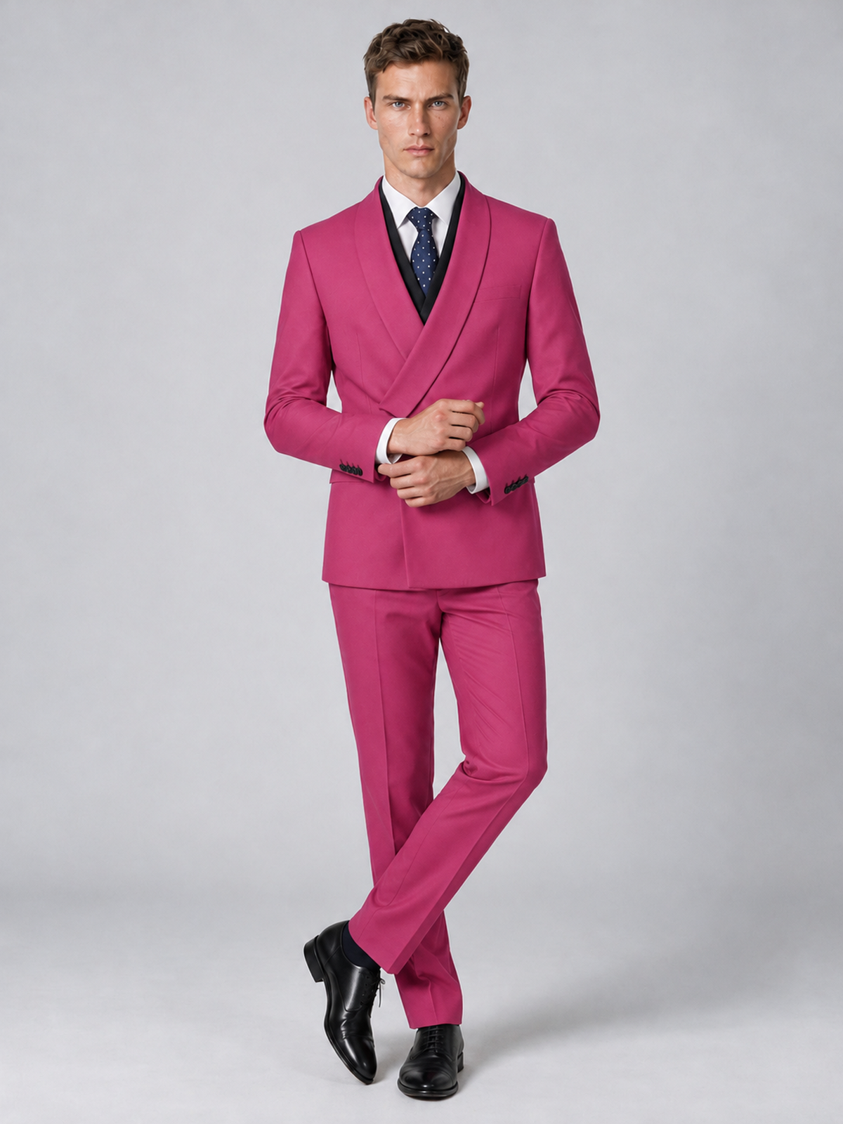Savile Men's Hot Pink Wrap Shawl Lapel 2-Piece Suit Set – Modern Jacket & Trousers - Hot Pink - Hot Pink_4
