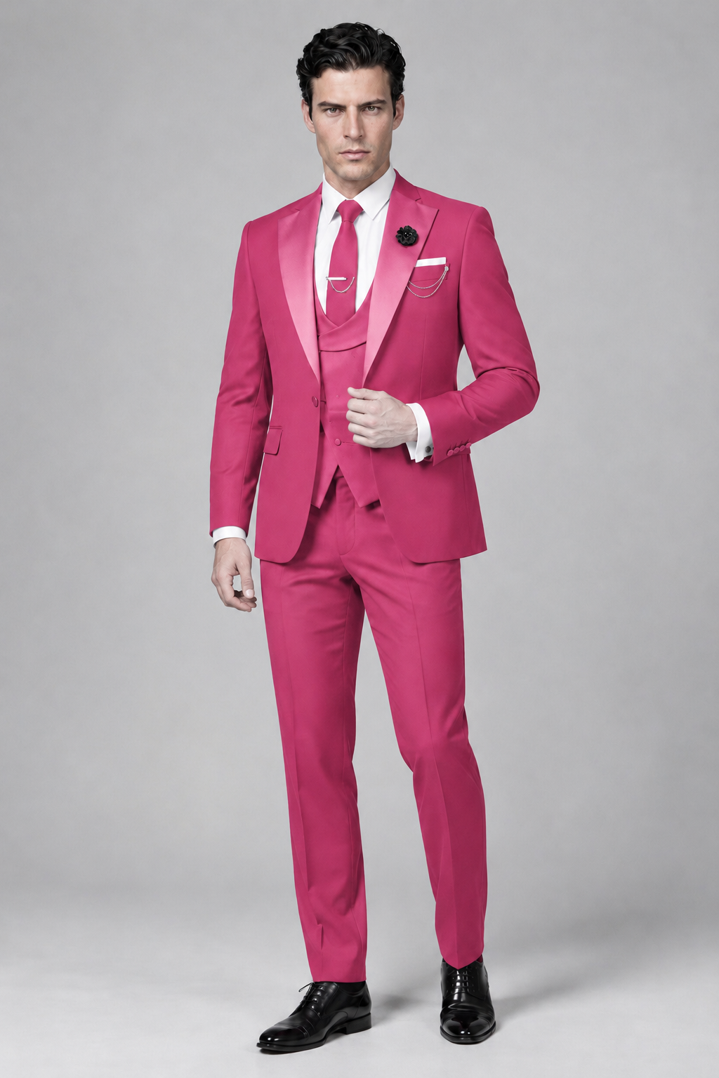 Savile Men's Hot Pink 3-Piece Tuxedo Suit – Contrast Silver Peak Lapel & Grey Vest Formal Set - Hot Pink - Hot Pink_4