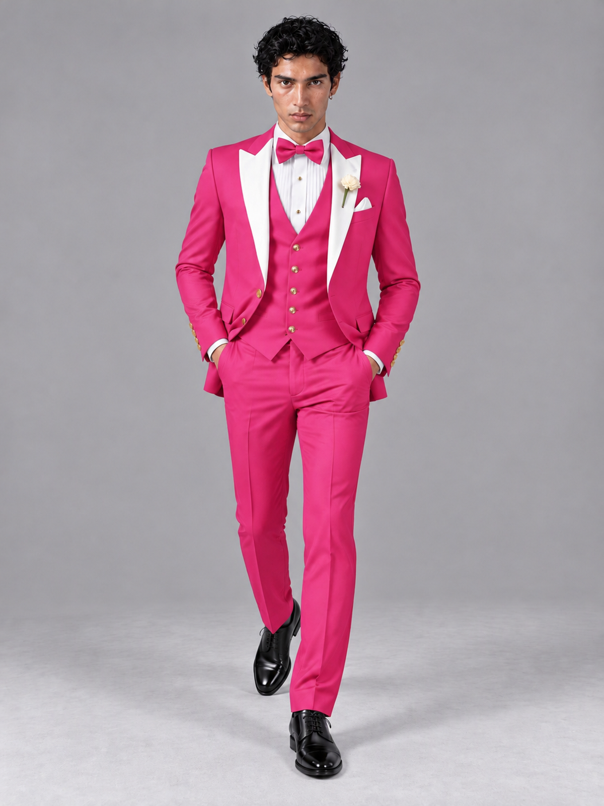Savile Men's Hot Pink Contrast White Peak Lapel 3-Piece Tuxedo Suit - Hot_Pink