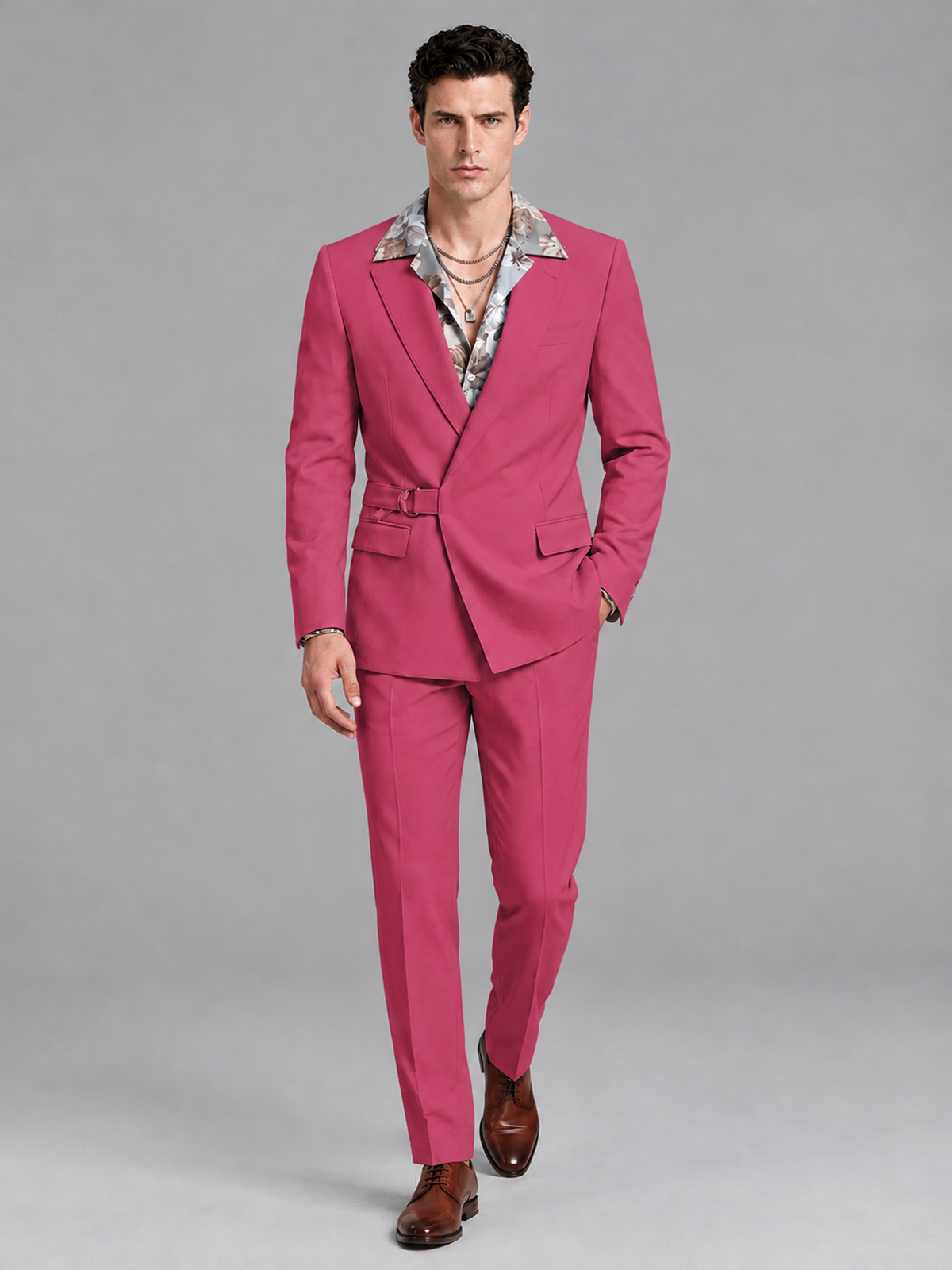 Savile Men's Hot Pink Belted Wrap 2-Piece Suit – Peak Lapel Blazer & Tailored Trousers - SUC060 - Hot Pink - Hot Pink_4