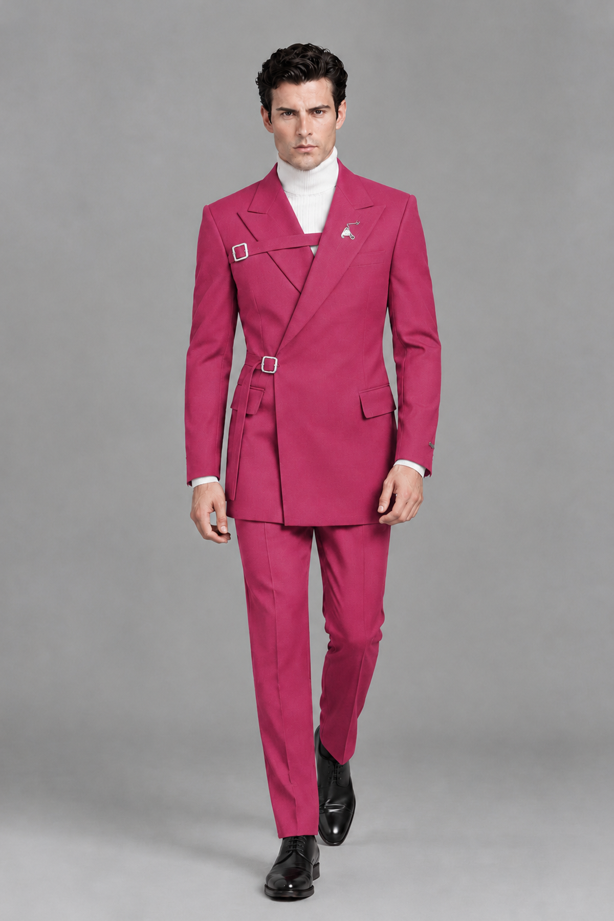 Savile Men's Hot Pink Double Buckle Wrap Belted 2-Piece Suit Set – Peak Lapel Slim-Fit Jacket & Trousers - Hot Pink - Hot Pink_5