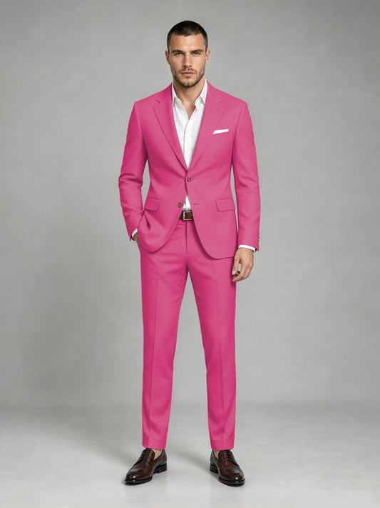 Savile Men's Dark Hot Pink Wool-Blend 2-Piece Suit Set – Two-Button Notch Lapel Slim-Fit Blazer & Turn-Up Trousers - Hot Pink