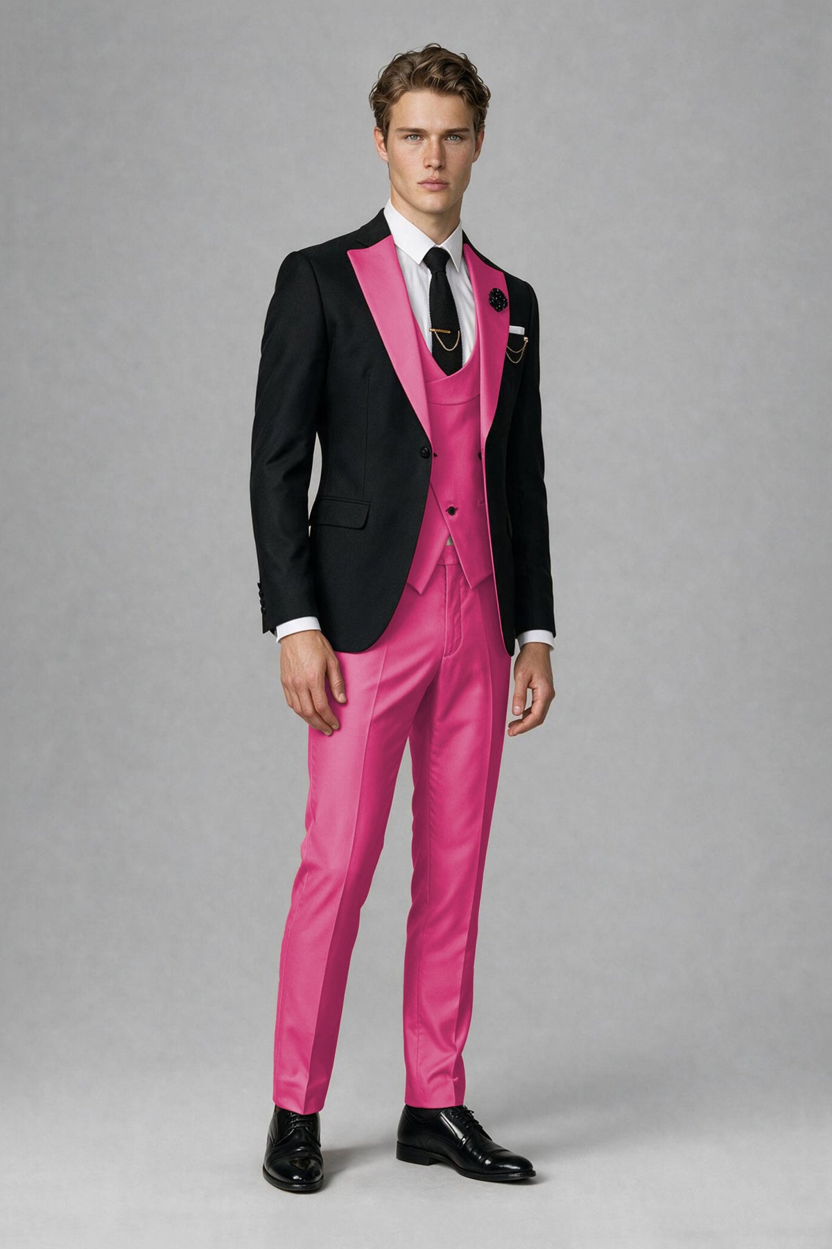 Savile Men's Black & Hot Pink Three-Piece Wedding Suit - Hot Pink