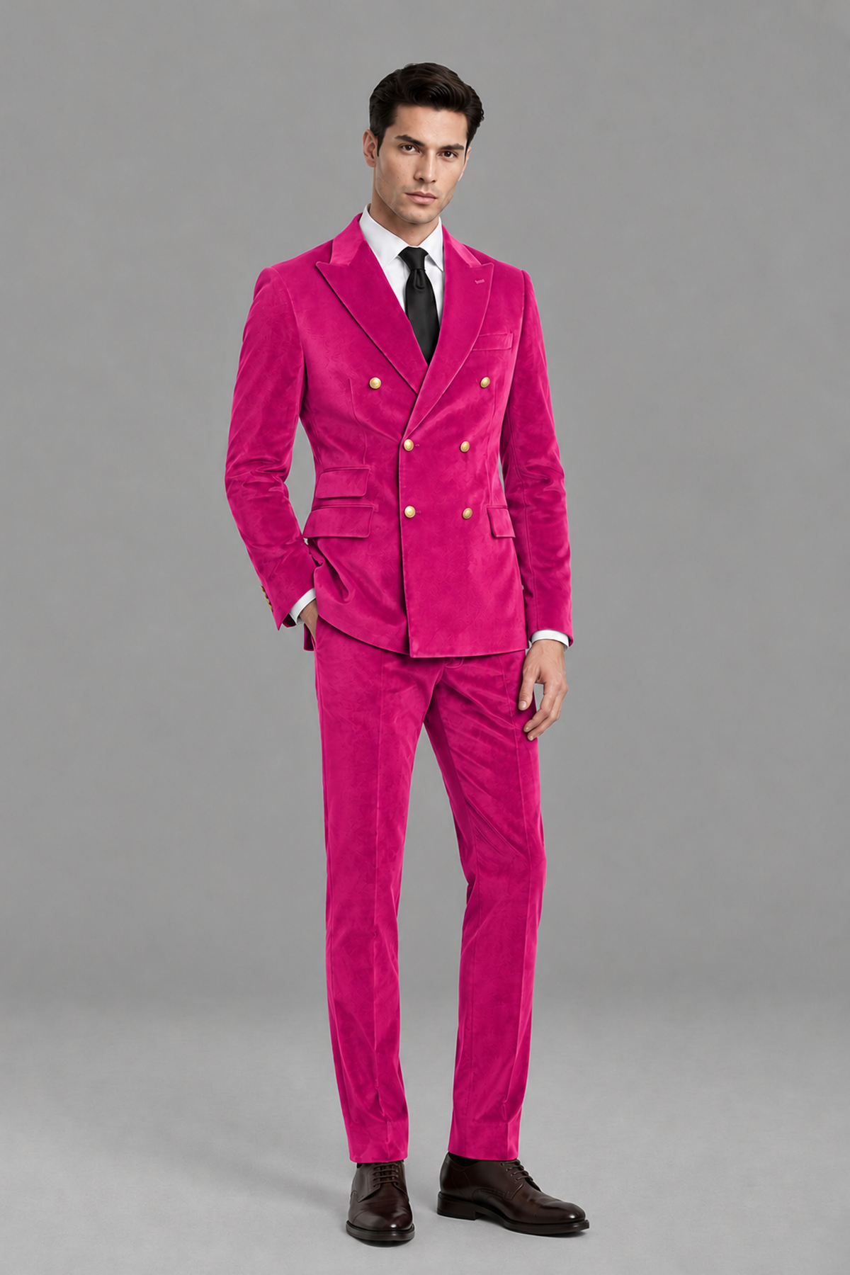 Savile Men's Hot Pink Velvet Double-Breasted 2-Piece Suit Set | Peak Lapel Blazer & Trousers - Hot Pink