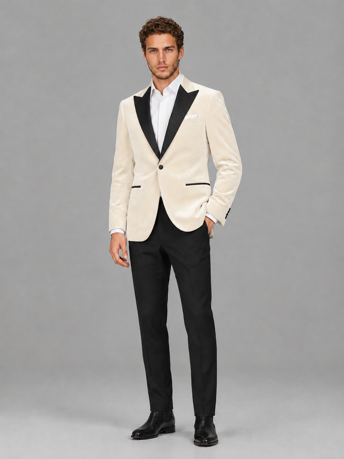 Savile Men's Ivory Velvet Peak Lapel 2-Piece Tuxedo Suit Set | Jacket & Trousers - Ivory