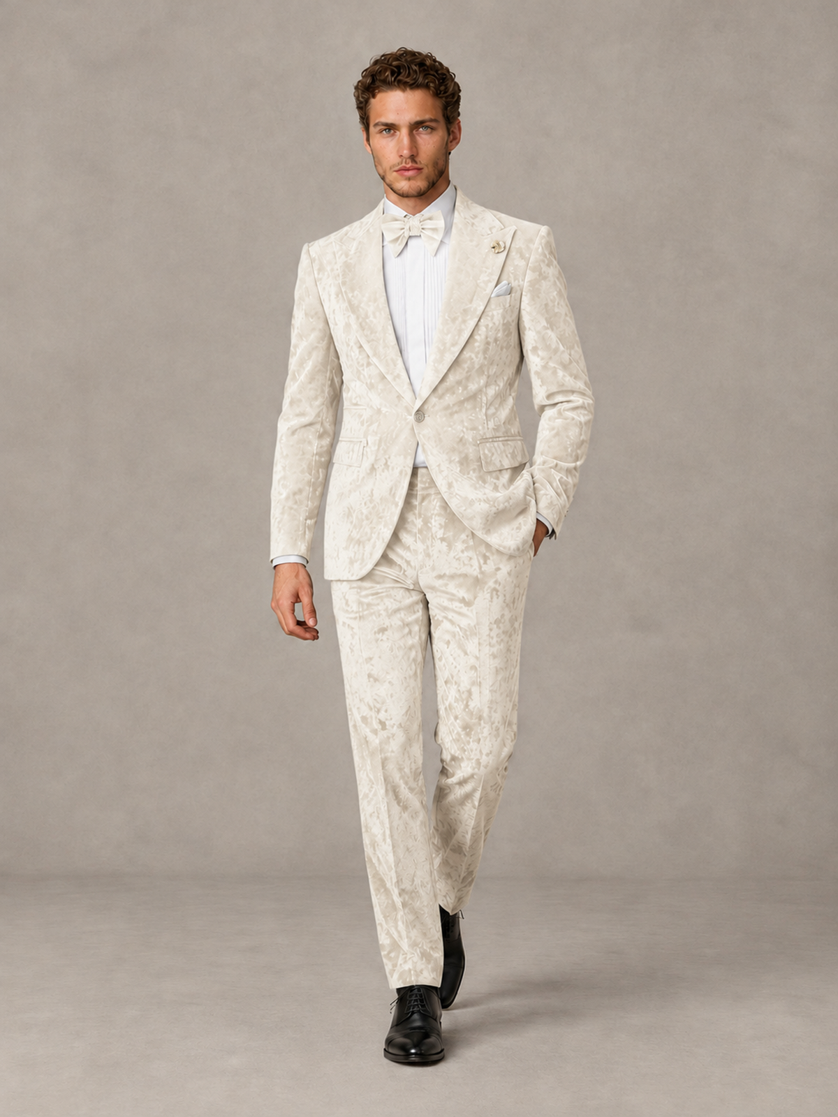 Savile Men's Ivory Crushed Velvet Peak Lapel 2-Piece Suit Set | Jacket & Trousers - Ivory - Ivory (4)