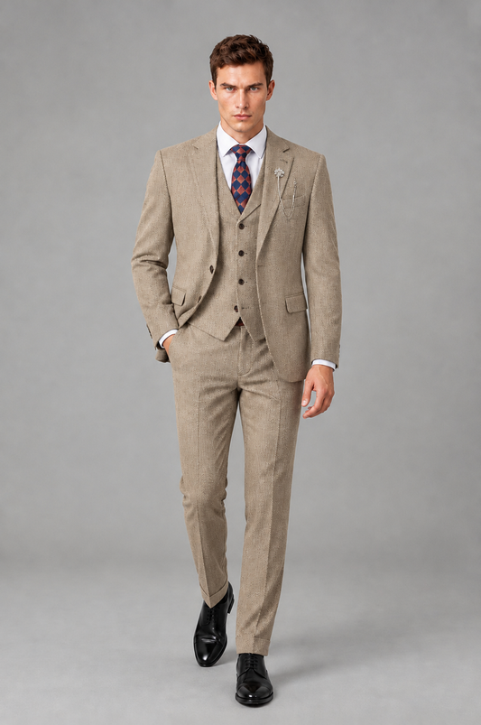 Savile Men's Grey Notch Lapel 3-Piece Suit Set | Jacket, Vest & Trousers - Khaki - Khaki