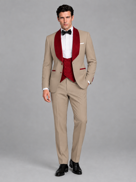 Savile Men's Khaki 3-Piece Tuxedo Suit Set – Contrast Red Shawl Lapel Blazer, Red Waistcoat & Trousers - SUC020 - Khaki