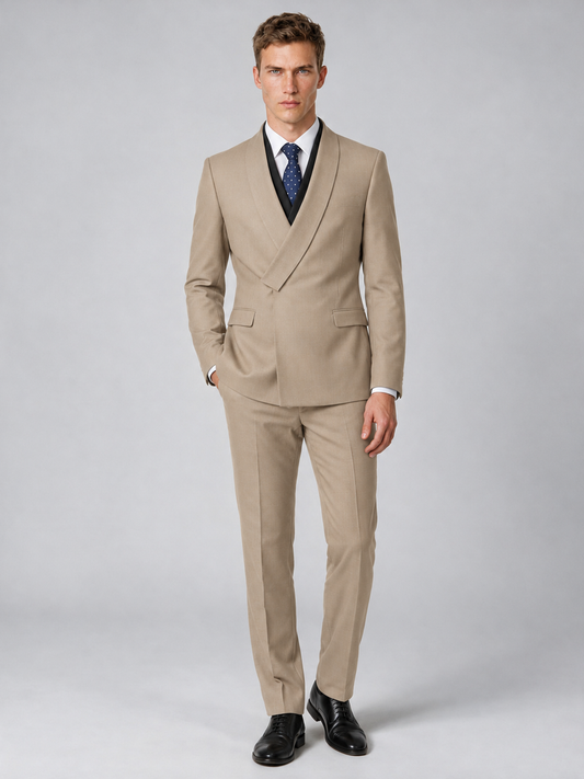 Savile Men's Khaki Wrap Shawl Lapel 2-Piece Suit Set – Modern Jacket & Trousers - Khaki - Khaki_2