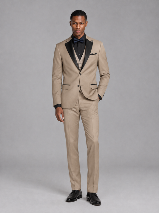 Savile Men's Khaki Contrast Shawl Lapel Tuxedo Suit – 3-Piece Wedding, Prom & Black-Tie Formal Set - Khaki - Khaki_2