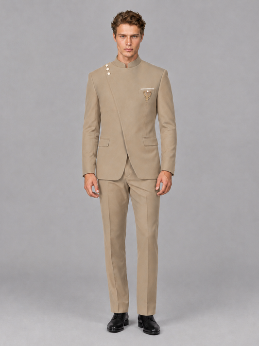 Savile Men's Khaki Mandarin Collar Asymmetrical 2-Piece Suit Set – Modern Jacket & Trousers - Khaki - Khaki_2