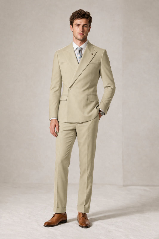 Savile Men's Khaki Double-Breasted Slim Fit 2-Piece Suit Set – Peak Lapel Blazer & Cuffed Trousers | Wedding Prom Formal - Khaki