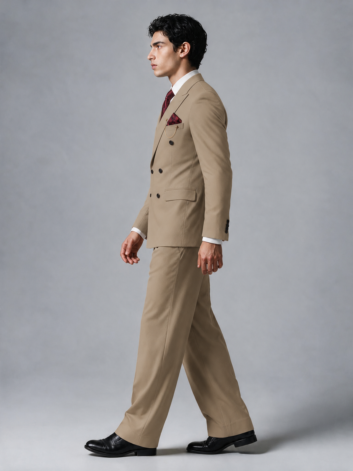Savile Men's Khaki Double-Breasted 2-Piece Suit Set – Peak Lapel Blazer & Pleated Wide-Leg Trousers - Khaki - Khaki_4