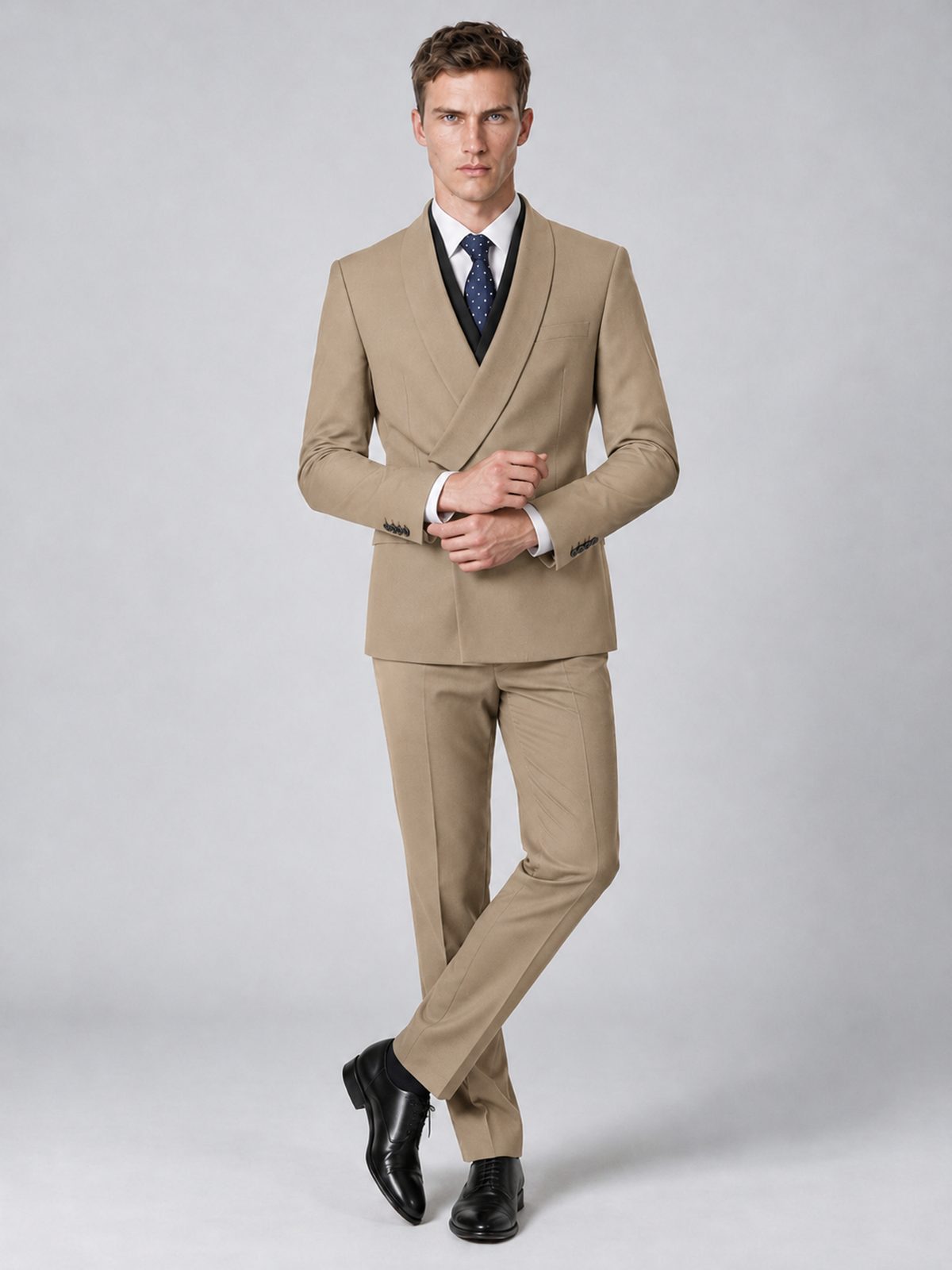 Savile Men's Khaki Wrap Shawl Lapel 2-Piece Suit Set – Modern Jacket & Trousers - Khaki - Khaki_4