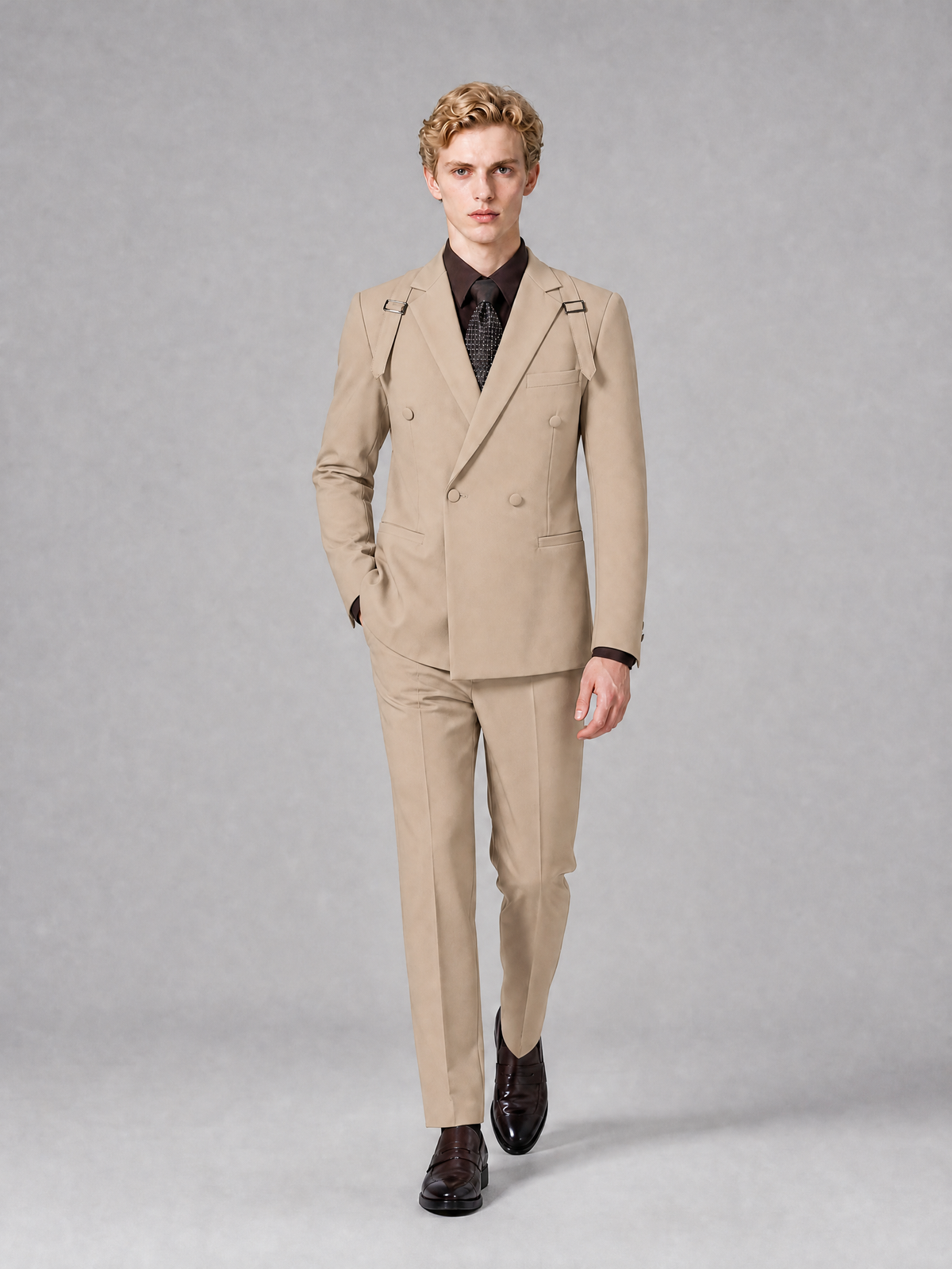 Men's Light Khaki Double-Breasted Slim Fit 2-Piece Suit – Peak Lapel Wedding & Business Formal Set - Khaki - Khaki_4
