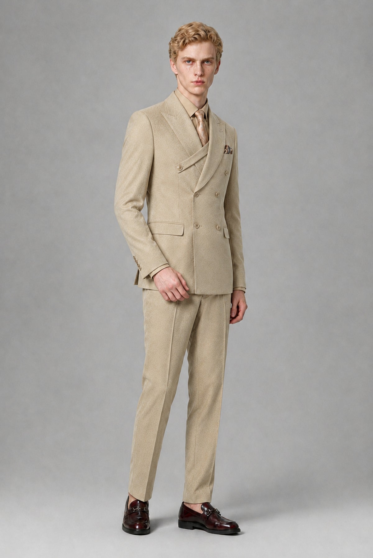 Savile Men's Khaki Double-Breasted Two-Piece Suit - Khaki