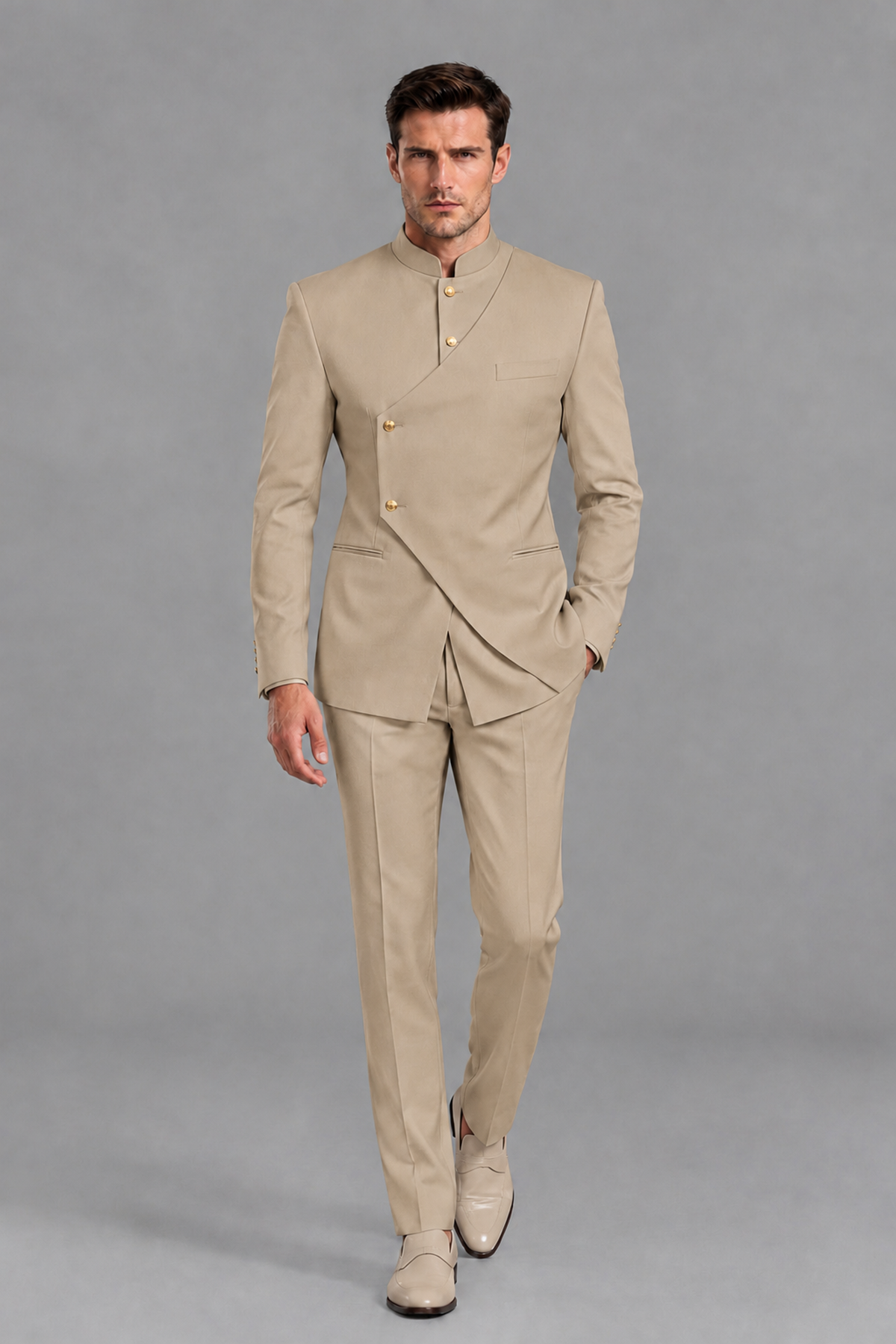 Savile Men's Khaki Asymmetrical Mandarin Collar Tuxedo Suit – Modern 2-Piece Gold Button Wedding, Prom & Gala Set - Khaki - Khaki_5