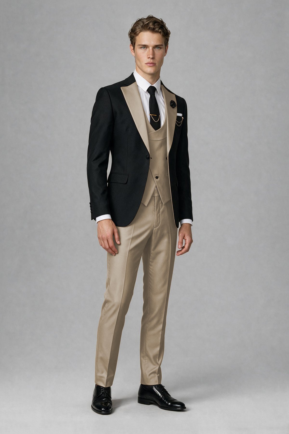 Savile Men's Black & Khaki Three-Piece Wedding Suit - Khaki