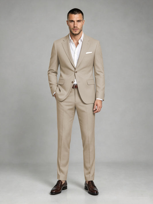 Savile Men's Dark Khaki Wool-Blend 2-Piece Suit Set – Two-Button Notch Lapel Slim-Fit Blazer & Turn-Up Trousers - Khaki