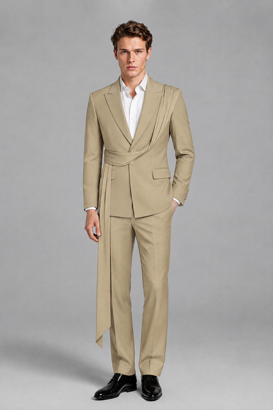 Men's Khaki Draped Sash Suit – Peak Lapel 2-Piece Slim Fit Party, Gala & Wedding Set - Khaki