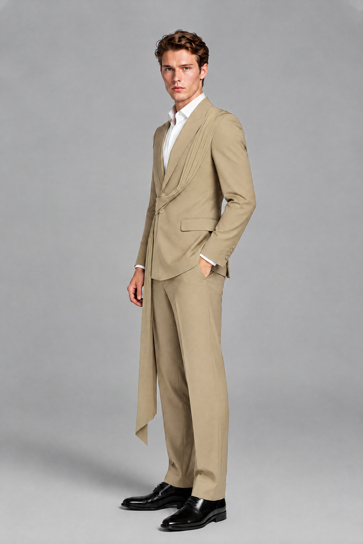 Men's Khaki Draped Sash Suit – Peak Lapel 2-Piece Slim Fit Party, Gala & Wedding Set - Khaki