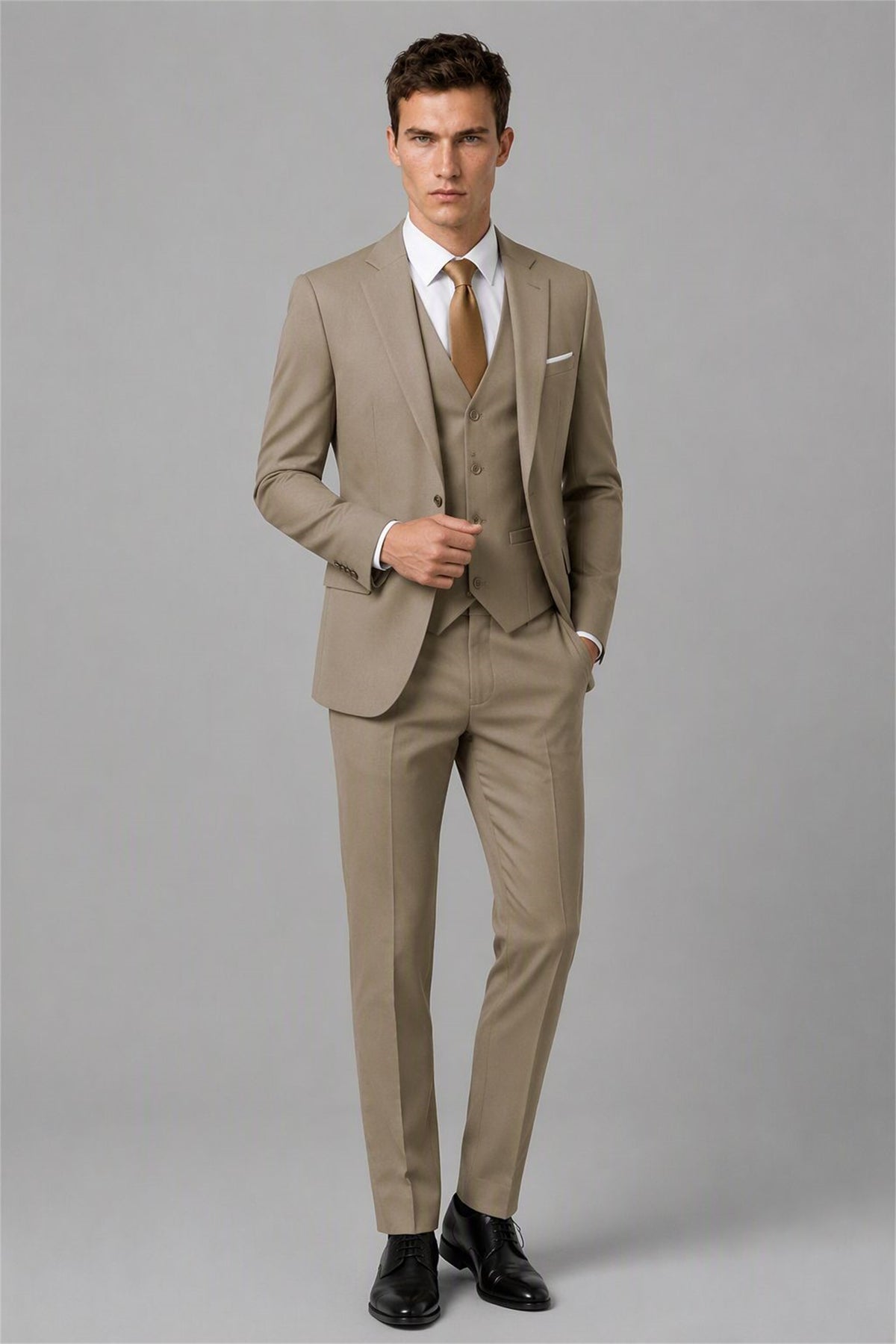 Men's Khaki 3-Piece Slim Fit Suit - Three-Quarter View | Savile AA0002