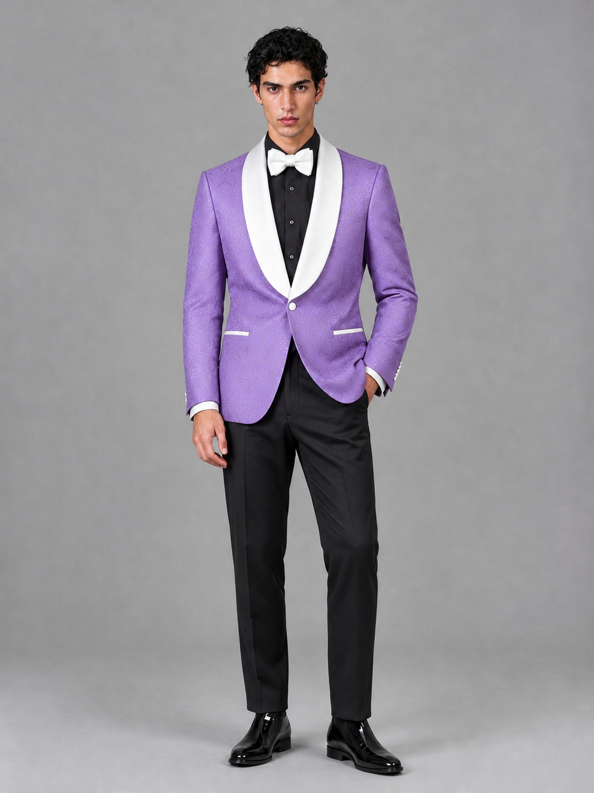 Savile Men's Lavender Jacquard White Shawl Lapel 2-Piece Tuxedo Suit Set | Jacket & Trousers - Lavender - Lavender (4)
