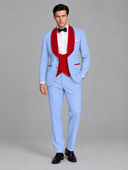 Savile Men's Light Blue 3-Piece Tuxedo Suit Set – Contrast Red Shawl Lapel Blazer, Red Waistcoat & Trousers - SUC020 - Light_Blue