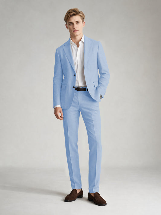 Savile Men's Sand Khaki Linen-Blend 2-Piece Suit Set – Two-Button Notch Lapel Slim-Fit Blazer & Slim Trousers - Light Blue - Light_Blue