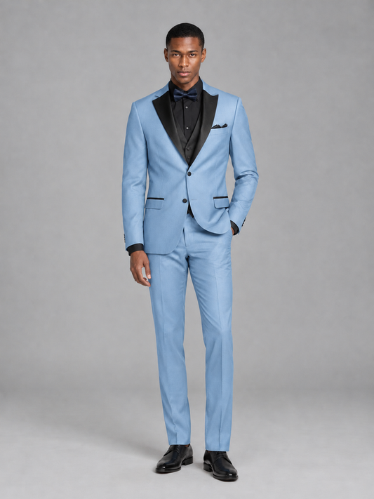 Savile Men's Light Blue Contrast Shawl Lapel Tuxedo Suit – 3-Piece Wedding, Prom & Black-Tie Formal Set - Light Blue - Light Blue_2