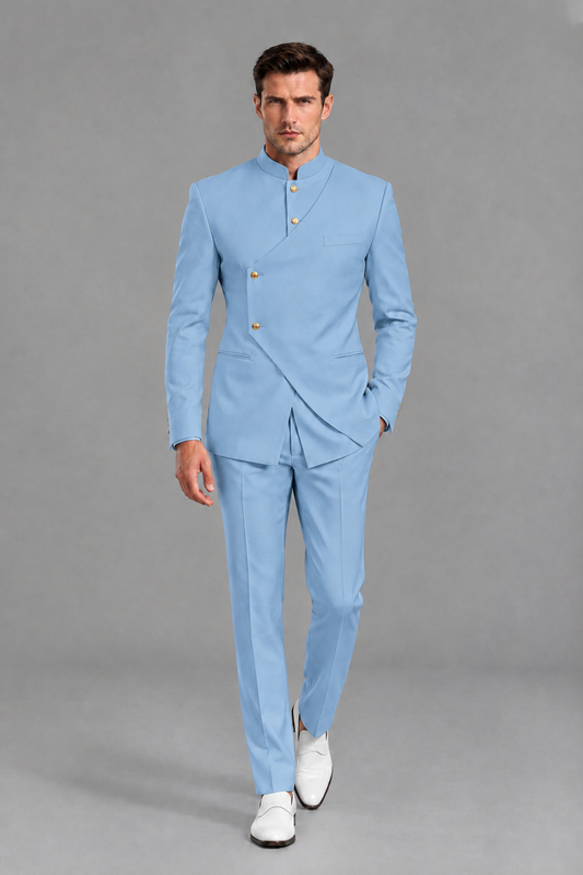 Savile Men's Light Blue Asymmetrical Mandarin Collar Tuxedo Suit – Modern 2-Piece Gold Button Wedding, Prom & Gala Set - Light Blue - Light Blue_2